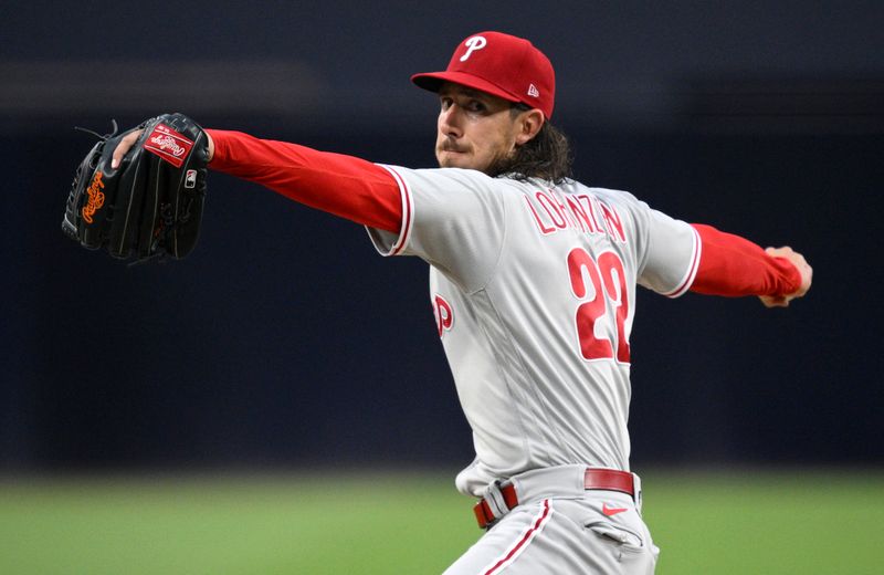 Sep 5, 2023; San Diego, California, USA; Philadelphia Phillies starting pitcher Michael Lorenzen (22) throws a pitch against the San Diego Padres during the first inning at Petco Park. Mandatory Credit: Orlando Ramirez-USA TODAY Sports