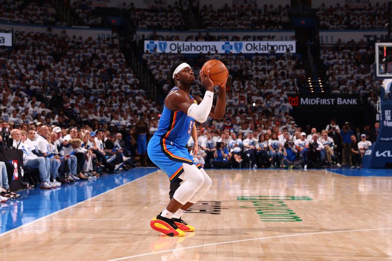 OKLAHOMA CITY, OK - APRIL 24: Luguentz Dort #5 of the Oklahoma City Thunder shoots the ball during the game against the New Orleans Pelicans during Round 1 Game 2 of the 2024 NBA Playoffs on April 24, 2024 at Paycom Arena in Oklahoma City, Oklahoma. NOTE TO USER: User expressly acknowledges and agrees that, by downloading and or using this photograph, User is consenting to the terms and conditions of the Getty Images License Agreement. Mandatory Copyright Notice: Copyright 2024 NBAE (Photo by Zach Beeker/NBAE via Getty Images)