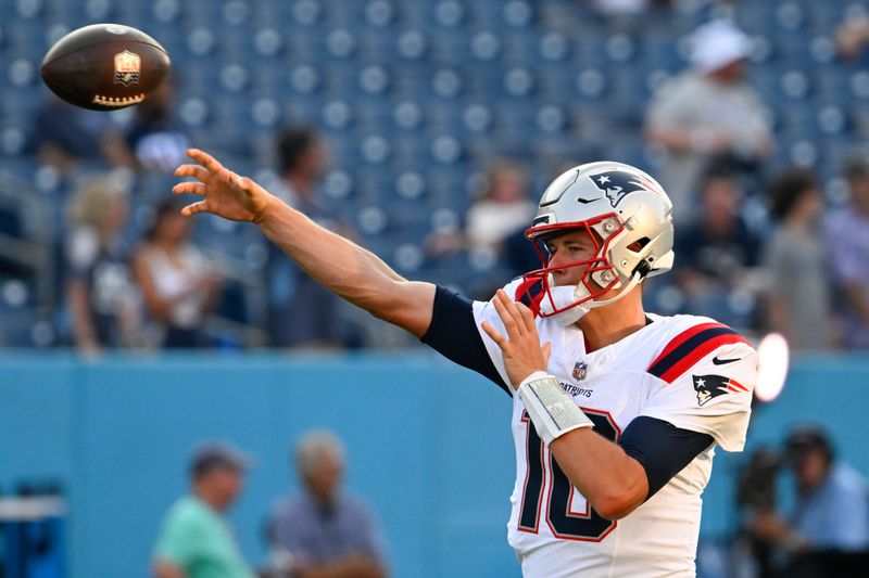 New England Patriots quarterback Mac Jones (10) before an NFL preseason football game against the Tennessee Titans Saturday, Aug. 26, 2023, in Nashville, Tenn. (AP Photo/John Amis)