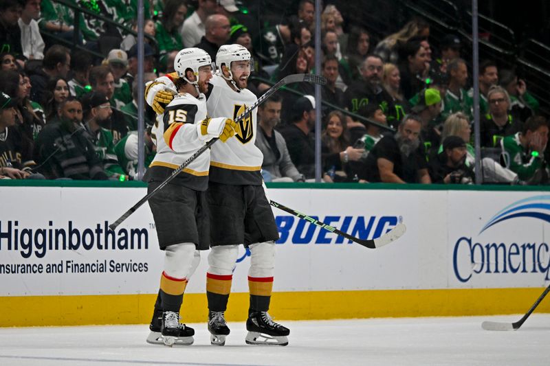 Apr 24, 2024; Dallas, Texas, USA; Vegas Golden Knights defenseman Noah Hanifin (15) and center Nicolas Roy (10) celebrates a goal scored by Hanifin against the Dallas Stars during the second period in game two of the first round of the 2024 Stanley Cup Playoffs at American Airlines Center. Mandatory Credit: Jerome Miron-USA TODAY Sports