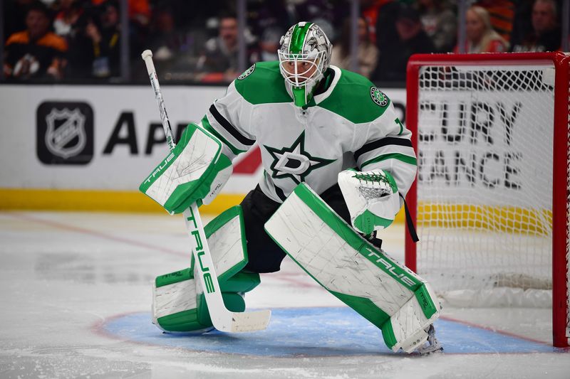 Jan 13, 2026; Anaheim, California, USA; Dallas Stars goaltender Casey DeSmith (1) defends the goal against the Anaheim Ducks during the second period at Honda Center. Mandatory Credit: Gary A. Vasquez-Imagn Images