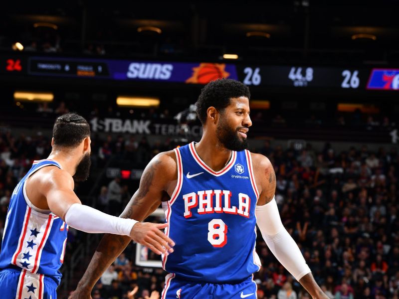 PHOENIX, AZ - NOVEMBER 4: Paul George #8 of the Philadelphia 76ers smiles during the game against the Phoenix Suns on November 4, 2024 at Footprint Center in Phoenix, Arizona. NOTE TO USER: User expressly acknowledges and agrees that, by downloading and or using this photograph, user is consenting to the terms and conditions of the Getty Images License Agreement. Mandatory Copyright Notice: Copyright 2024 NBAE (Photo by Barry Gossage/NBAE via Getty Images)