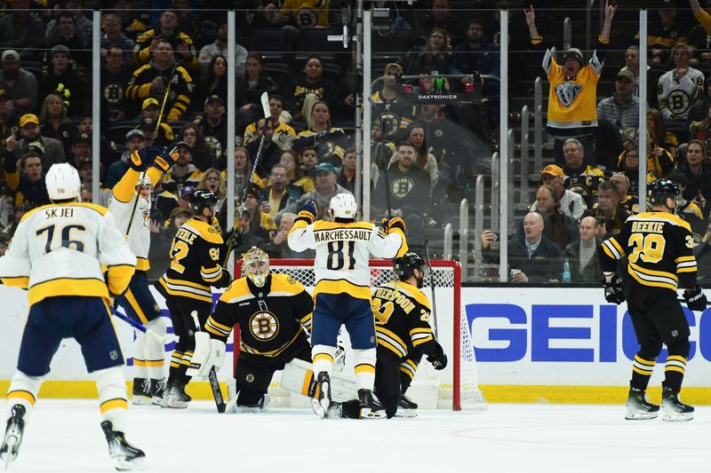 Mar 4, 2025; Boston, Massachusetts, USA; Nashville Predators center Jonathan Marchessault (81) reacts after scoring a goal past Boston Bruins goaltender Jeremy Swayman (1) during the third period at TD Garden. Mandatory Credit: Bob DeChiara-Imagn Images