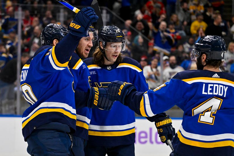 Dec 12, 2023; St. Louis, Missouri, USA;  St. Louis Blues right wing Kevin Hayes (12) is congratulated by center Brayden Schenn (10) center Oskar Sundqvist (70) and defenseman Nick Leddy (4) after scoring against the Detroit Red Wings during the second period at Enterprise Center. Mandatory Credit: Jeff Curry-USA TODAY Sports