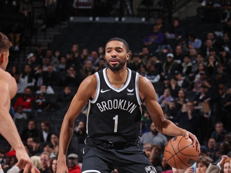 BROOKLYN, NY - MARCH 2: Mikal Bridges #1 of the Brooklyn Nets handles the ball during the game against the Atlanta Hawks on March 2, 2024 at Barclays Center in Brooklyn, New York. NOTE TO USER: User expressly acknowledges and agrees that, by downloading and or using this Photograph, user is consenting to the terms and conditions of the Getty Images License Agreement. Mandatory Copyright Notice: Copyright 2024 NBAE (Photo by Nathaniel S. Butler/NBAE via Getty Images)