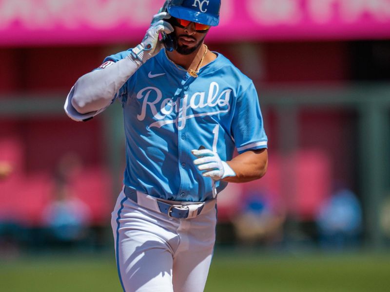 Apr 7, 2024; Kansas City, Missouri, USA; Kansas City Royals outfielder MJ Melendez (1) rounds the bases after hitting a home run during the eighth inning against the Chicago White Sox at Kauffman Stadium. Mandatory Credit: William Purnell-USA TODAY Sports