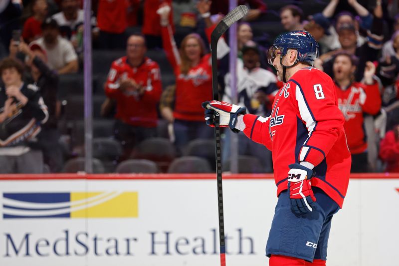 Sep 27, 2024; Washington, District of Columbia, USA; Washington Capitals left wing Alex Ovechkin (8) celebrates after scoring a goal against the Columbus Blue Jackets in the first period at Capital One Arena. Mandatory Credit: Geoff Burke-Imagn Images