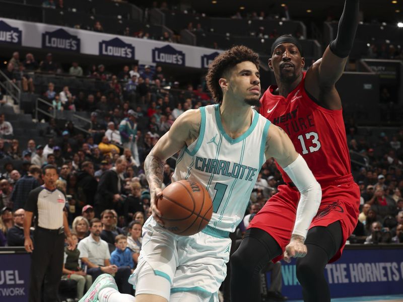 CHARLOTTE, NC - NOVEMBER 27:  LaMelo Ball #1 of the Charlotte Hornets dribbles the ball during the game against the Miami Heat on November 27, 2024 at Spectrum Center in Charlotte, North Carolina. NOTE TO USER: User expressly acknowledges and agrees that, by downloading and or using this photograph, User is consenting to the terms and conditions of the Getty Images License Agreement. Mandatory Copyright Notice: Copyright 2024 NBAE (Photo by Kent Smith/NBAE via Getty Images)