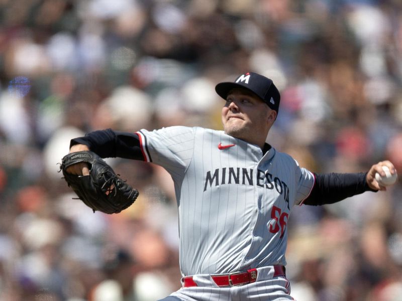 Jul 14, 2024; San Francisco, California, USA; Minnesota Twins pitcher Caleb Thielbar (56) pitches against the San Francisco Giants during the seventh inning at Oracle Park. Mandatory Credit: D. Ross Cameron-USA TODAY Sports