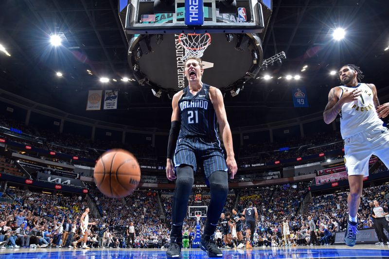 ORLANDO, FL - OCTOBER 28: Moritz Wagner #21 of the Orlando Magic celebrates during the game against the Indiana Pacers on October 28, 2024 at Kia Center in Orlando, Florida. NOTE TO USER: User expressly acknowledges and agrees that, by downloading and or using this photograph, User is consenting to the terms and conditions of the Getty Images License Agreement. Mandatory Copyright Notice: Copyright 2024 NBAE (Photo by Fernando Medina/NBAE via Getty Images)