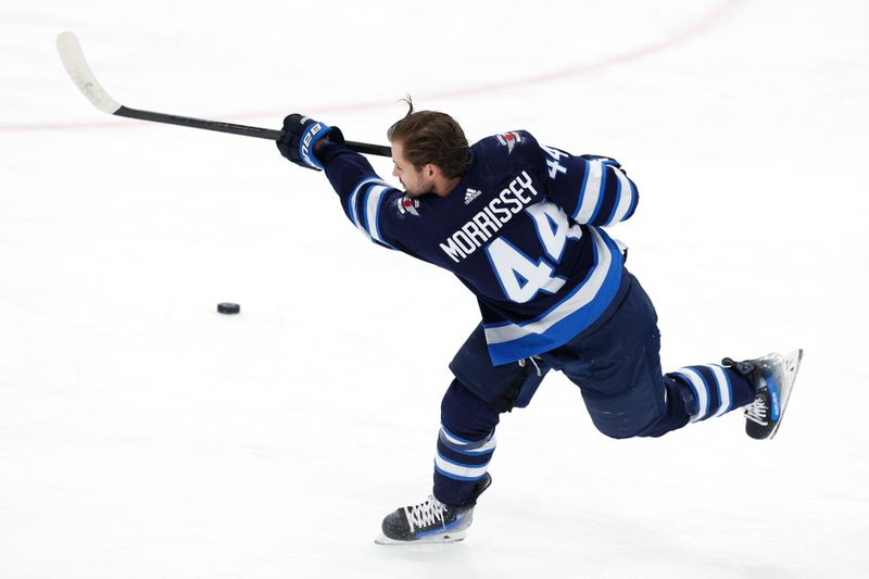 Apr 30, 2024; Winnipeg, Manitoba, CAN;Winnipeg Jets defenseman Josh Morrissey (44) warms up before the game against the Colorado Avalanche in game five of the first round of the 2024 Stanley Cup Playoffs at Canada Life Centre. Mandatory Credit: James Carey Lauder-USA TODAY Sports