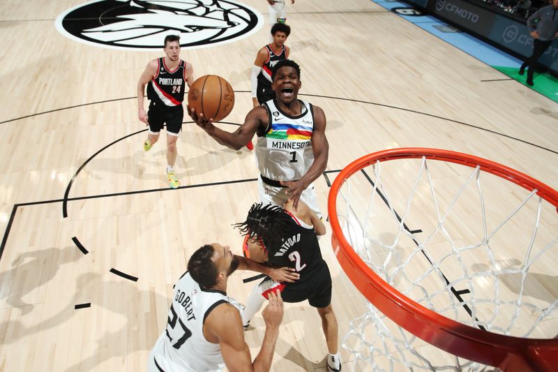 MINNEAPOLIS, MN -  APRIL 2: Anthony Edwards #1 of the Minnesota Timberwolves drives to the basket during the game against the Portland Trail Blazers on April 2, 2023 at Target Center in Minneapolis, Minnesota. NOTE TO USER: User expressly acknowledges and agrees that, by downloading and or using this Photograph, user is consenting to the terms and conditions of the Getty Images License Agreement. Mandatory Copyright Notice: Copyright 2023 NBAE (Photo by Jordan Johnson/NBAE via Getty Images)