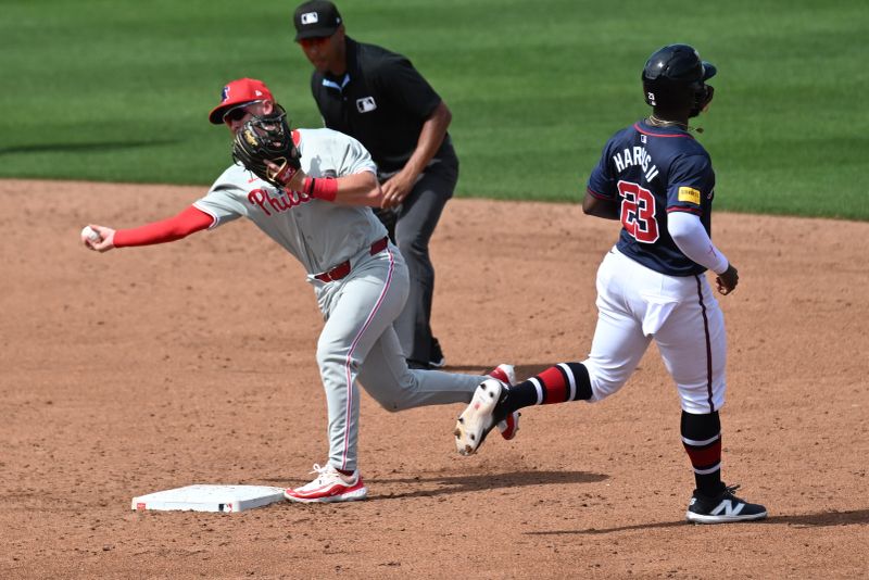 Mar 3, 2024; North Port, Florida, USA; Philadelphia Phillies second baseman Nick Podkul (8) throws to first base in the third inning of the spring training game against the Atlanta Braves at CoolToday Park. Mandatory Credit: Jonathan Dyer-USA TODAY Sports