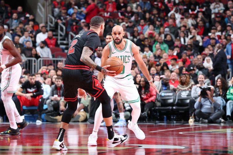 CHICAGO, IL - NOVEMBER 29: Derrick White #9 of the Boston Celtics plays defense during the game against the Chicago Bulls during the Emirates NBA Cup game on November 29, 2024 at United Center in Chicago, Illinois. NOTE TO USER: User expressly acknowledges and agrees that, by downloading and or using this photograph, User is consenting to the terms and conditions of the Getty Images License Agreement. Mandatory Copyright Notice: Copyright 2024 NBAE (Photo by Jeff Haynes/NBAE via Getty Images)