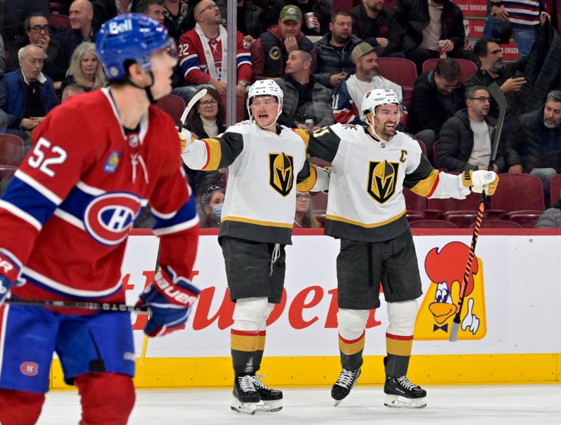 Nov 16, 2023; Montreal, Quebec, CAN; Vegas Golden Knights forward Mark Stone (61) celebrates with teammate forward Jack Eichel (9) after scoring a goal against the Montreal Canadiens during the third period at the Bell Centre. Mandatory Credit: Eric Bolte-USA TODAY Sports