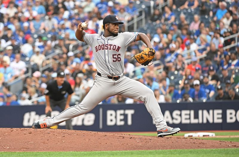 Jul 3, 2024; Toronto, Ontario, CAN; Houston Astros pitcher Ronel Blanco (56) pitches in the first inning against the Toronto Blue Jays at Rogers Centre. Mandatory Credit: Gerry Angus-USA TODAY Sports