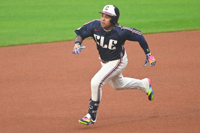 Jun 6, 2025; Cleveland, Ohio, USA; Cleveland Guardians third baseman Jose Ramirez (11) runs the bases in the first inning against the Houston Astros at Progressive Field. Mandatory Credit: David Richard-Imagn Images