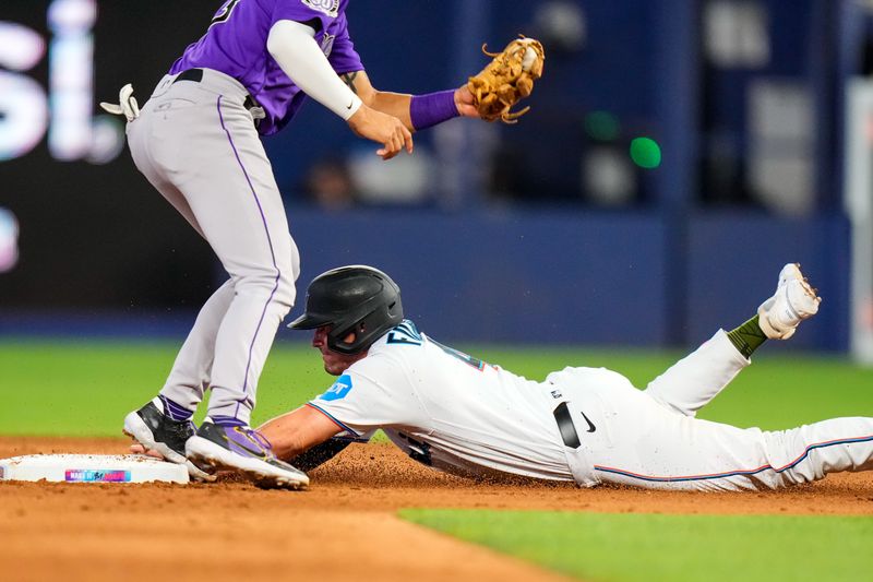 Jul 23, 2023; Miami, Florida, USA; Miami Marlins catcher Nick Fortes (4) steals second base against the Colorado Rockies during the sixth inning at loanDepot Park. Mandatory Credit: Rich Storry-USA TODAY Sports