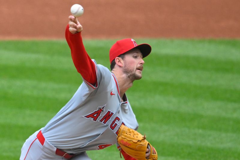 May 5, 2024; Cleveland, Ohio, USA; Los Angeles Angels starting pitcher Griffin Canning (47) delivers a pitch in the first inning against the Cleveland Guardians at Progressive Field. Mandatory Credit: David Richard-USA TODAY Sports