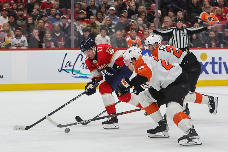 Feb 6, 2024; Sunrise, Florida, USA; Florida Panthers center Aleksander Barkov (16) moves the puck past Philadelphia Flyers defenseman Nick Seeler (24) and center Ryan Poehling (25) during the second period at Amerant Bank Arena. Mandatory Credit: Sam Navarro-USA TODAY Sports