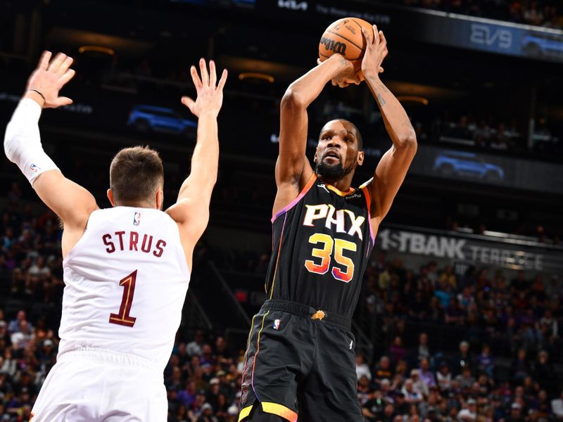 PHOENIX, AZ - APRIL 3:  Kevin Durant #35 of the Phoenix Suns shoots the ball during the game  on April 3, 2024 at Footprint Center in Phoenix, Arizona. NOTE TO USER: User expressly acknowledges and agrees that, by downloading and or using this photograph, user is consenting to the terms and conditions of the Getty Images License Agreement. Mandatory Copyright Notice: Copyright 2024 NBAE (Photo by Barry Gossage/NBAE via Getty Images)