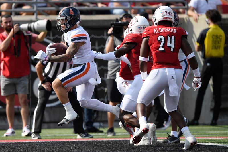 Oct 9, 2021; Louisville, Kentucky, USA;  Virginia Cavaliers wide receiver Billy Kemp IV (4) runs the ball in for a touchdown against the Louisville Cardinals during the first quarter at Cardinal Stadium. Mandatory Credit: Jamie Rhodes-USA TODAY Sports