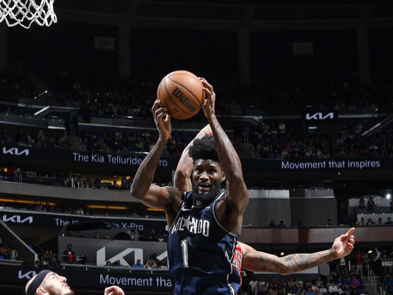 ORLANDO, FL - FEBRUARY 10: Jonathan Isaac #1 of the Orlando Magic grabs a rebound during the game against the Chicago Bulls on February 10, 2024 at the Kia Center in Orlando, Florida. NOTE TO USER: User expressly acknowledges and agrees that, by downloading and or using this photograph, User is consenting to the terms and conditions of the Getty Images License Agreement. Mandatory Copyright Notice: Copyright 2024 NBAE (Photo by Fernando Medina/NBAE via Getty Images)