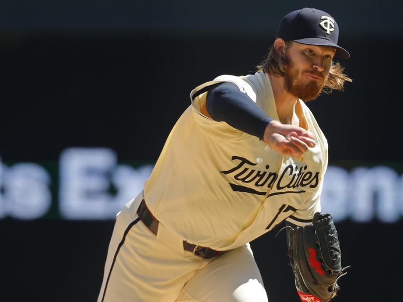 Sep 1, 2024; Minneapolis, Minnesota, USA; Minnesota Twins starting pitcher Bailey Ober (17) throws to the Toronto Blue Jays in the first inning at Target Field. Mandatory Credit: Bruce Kluckhohn-USA TODAY Sports