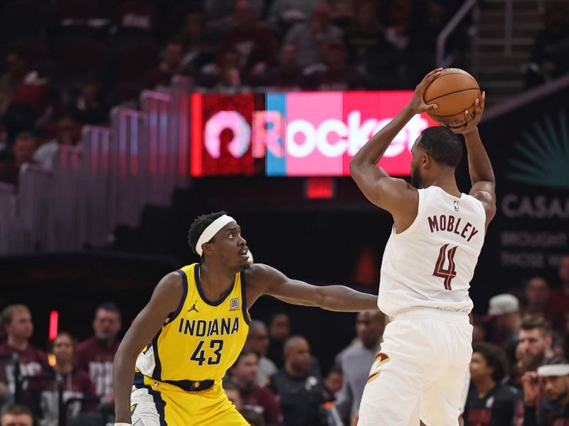 CLEVELAND, OH - MAY 4: Pascal Siakam #43 of the Indiana Pacers plays defense during the game against the Cleveland Cavaliers during Round 2 Game 1 of the 2025 NBA Playoffs on May 4, 2025 at Rocket Mortgage FieldHouse in Cleveland, Ohio. NOTE TO USER: User expressly acknowledges and agrees that, by downloading and/or using this Photograph, user is consenting to the terms and conditions of the Getty Images License Agreement. Mandatory Copyright Notice: Copyright 2025 NBAE (Photo by  Lauren Leigh Bacho/NBAE via Getty Images)