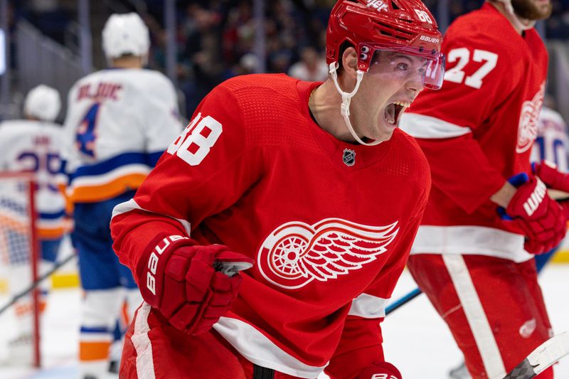 Oct 30, 2023; Elmont, New York, USA; Detroit Red Wings right wing Daniel Sprong (88) reacts after his goal against the New York Islanders during the third period at UBS Arena. Mandatory Credit: Thomas Salus-USA TODAY Sports