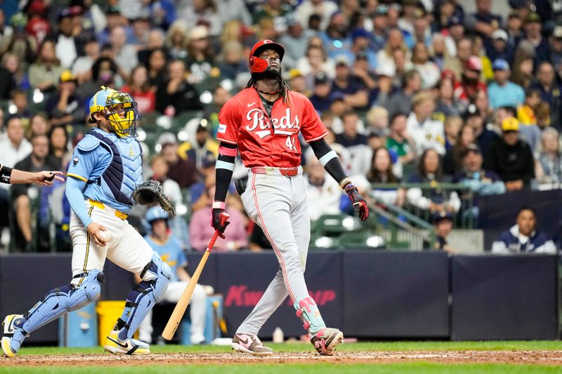 Aug 9, 2024; Milwaukee, Wisconsin, USA;  Cincinnati Reds shortstop Elly De La Cruz (44) reacts after striking out during the sixth inning against the Milwaukee Brewers at American Family Field. Mandatory Credit: Jeff Hanisch-USA TODAY Sports