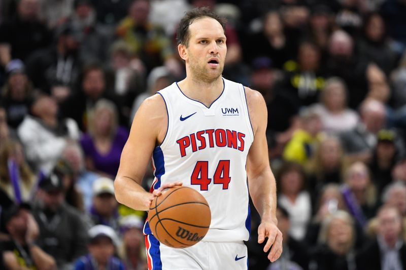 SALT LAKE CITY, UTAH - JANUARY 03: Bojan Bogdanovic #44 of the Detroit Pistons in action during the second half of a game against the Utah Jazz at Delta Center on January 03, 2024 in Salt Lake City, Utah. NOTE TO USER: User expressly acknowledges and agrees that, by downloading and or using this photograph, User is consenting to the terms and conditions of the Getty Images License Agreement. (Photo by Alex Goodlett/Getty Images)