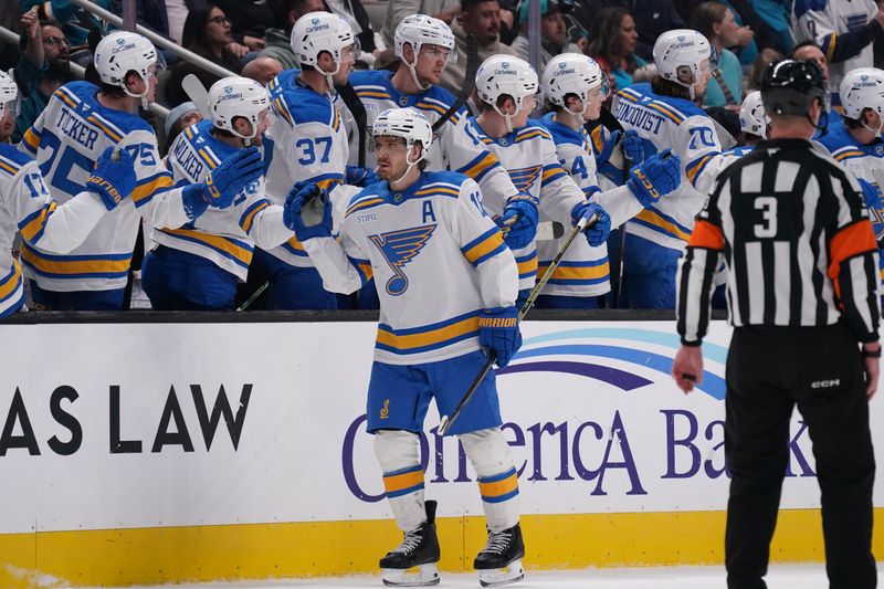 Mar 6, 2026; San Jose, California, USA; St. Louis Blues center Robert Thomas (18) is congratulated by teammates after scoring a goal against the San Jose Sharks in the second period at SAP Center at San Jose. Mandatory Credit: David Gonzales-Imagn Images