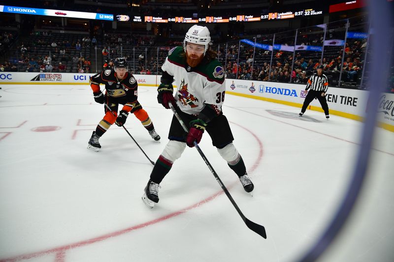 Oct 5, 2023; Anaheim, California, USA; Arizona Coyotes center Liam O'Brien (38) plays for the puck against Anaheim Ducks defenseman Cam Fowler (4) during the third period at Honda Center. Mandatory Credit: Gary A. Vasquez-USA TODAY Sports