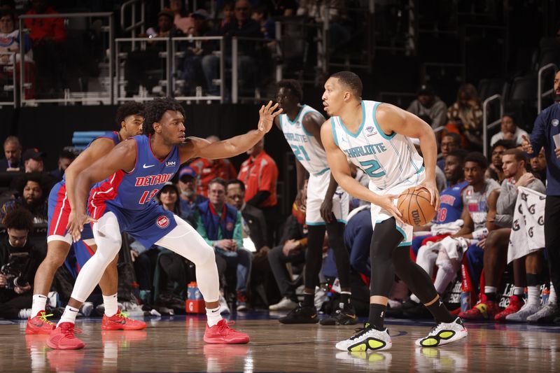 DETROIT, MI - March 11: Grant Williams #2 of the Charlotte Hornets handles the ball during the game against the Detroit Pistons on March 11, 2024 at Little Caesars Arena in Detroit, Michigan. NOTE TO USER: User expressly acknowledges and agrees that, by downloading and/or using this photograph, User is consenting to the terms and conditions of the Getty Images License Agreement. Mandatory Copyright Notice: Copyright 2024 NBAE (Photo by Brian Sevald/NBAE via Getty Images)