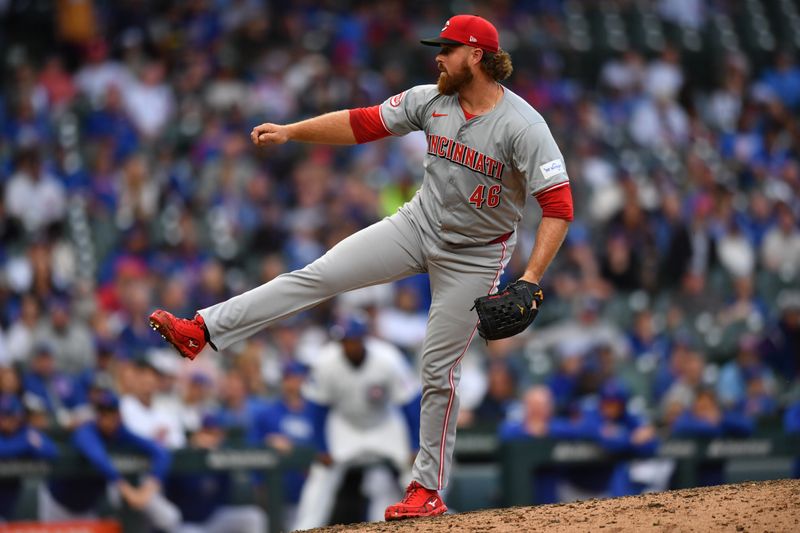 Sep 29, 2024; Chicago, Illinois, USA; Cincinnati Reds relief pitcher Buck Farmer (46) pitches during the tenth inning against the Chicago Cubs at Wrigley Field. Mandatory Credit: Patrick Gorski-Imagn Images