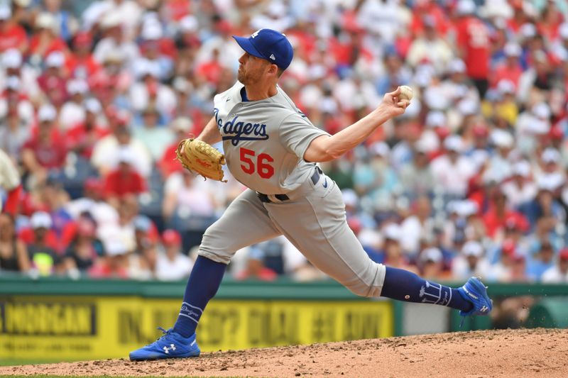 Jun 11, 2023; Philadelphia, Pennsylvania, USA; Los  Angeles Dodgers relief pitcher Adam Kolarek (56) throws a pitch against the Philadelphia Phillies during the third inning at Citizens Bank Park. Mandatory Credit: Eric Hartline-USA TODAY Sports