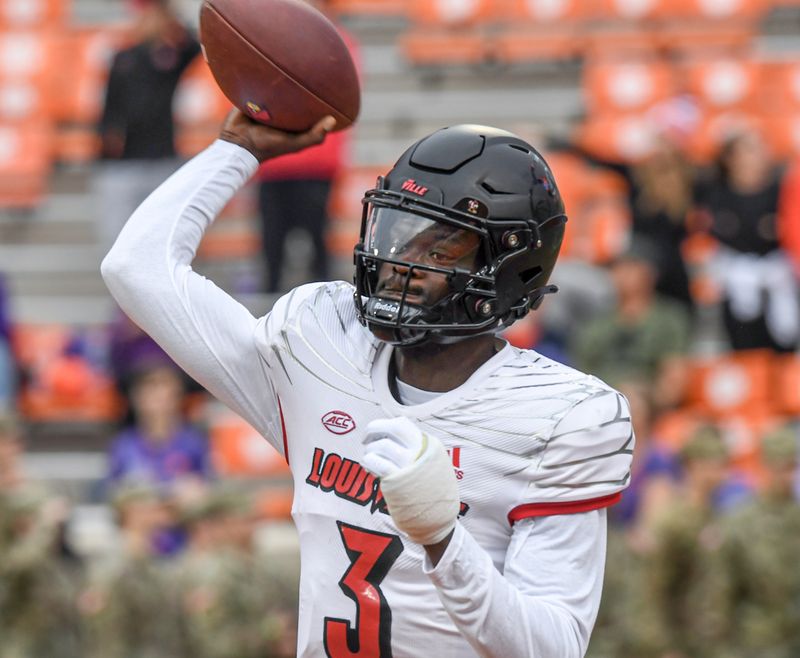 Nov 12, 2022; Clemson, South Carolina, USA; Louisville quarterback Malik Cunningham (3) warms up on the field before the game with Clemson at Memorial Stadium in Clemson, South Carolina Saturday, Nov. 12, 2022.     Mandatory Credit: Ken Ruinard-USA TODAY Sports