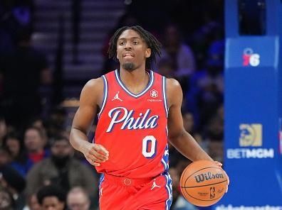 PHILADELPHIA, PA - DECEMBER 8: Tyrese Maxey #0 of the Philadelphia 76ers dribbles the ball during the game against the Atlanta Hawks on December 8, 2023 at the Wells Fargo Center in Philadelphia, Pennsylvania NOTE TO USER: User expressly acknowledges and agrees that, by downloading and/or using this Photograph, user is consenting to the terms and conditions of the Getty Images License Agreement. Mandatory Copyright Notice: Copyright 2023 NBAE (Photo by Jesse D. Garrabrant/NBAE via Getty Images)