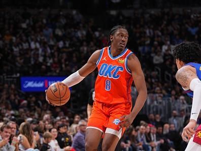 DENVER, CO - DECEMBER 16: Jalen Williams #8 of the Oklahoma City Thunder dribbles the ball during the game against the Denver Nuggets on December 16, 2023 at the Ball Arena in Denver, Colorado. NOTE TO USER: User expressly acknowledges and agrees that, by downloading and/or using this Photograph, user is consenting to the terms and conditions of the Getty Images License Agreement. Mandatory Copyright Notice: Copyright 2023 NBAE (Photo by Bart Young/NBAE via Getty Images)