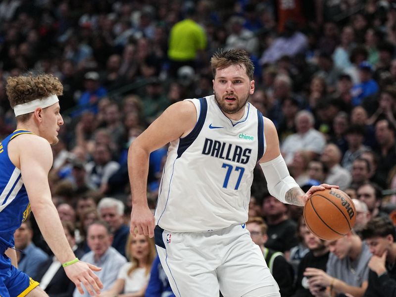 DALLAS, TX - MARCH 13: Luka Doncic #77 of the Dallas Mavericks handles the ball during the game against the Golden State Warriors on March 13, 2024 at the American Airlines Center in Dallas, Texas. NOTE TO USER: User expressly acknowledges and agrees that, by downloading and or using this photograph, User is consenting to the terms and conditions of the Getty Images License Agreement. Mandatory Copyright Notice: Copyright 2024 NBAE (Photo by Glenn James/NBAE via Getty Images)