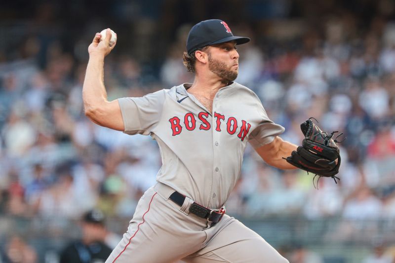 Jul 7, 2024; Bronx, New York, USA; Boston Red Sox starting pitcher Kutter Crawford (50) delivers a pitch during the first inning against the New York Yankees at Yankee Stadium. Mandatory Credit: Vincent Carchietta-USA TODAY Sports