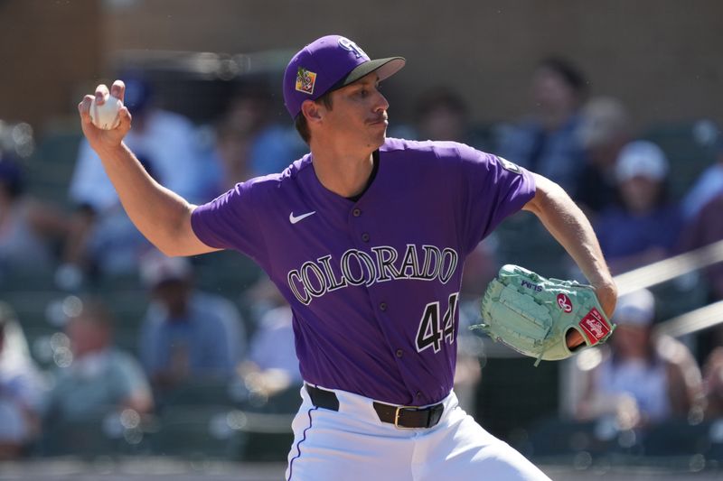 Mar 2, 2026; Salt River Pima-Maricopa, Arizona, USA; Colorado Rockies pitcher Jimmy Herget (44) throws against the Los Angeles Dodgers in the first inning at Salt River Fields at Talking Stick. Mandatory Credit: Rick Scuteri-Imagn Images