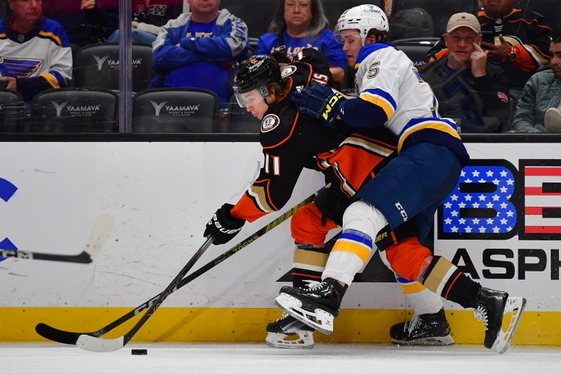 Apr 7, 2024; Anaheim, California, USA; St. Louis Blues defenseman Tyler Tucker (75) plays for the puck against Anaheim Ducks center Trevor Zegras (11) during the second period at Honda Center. Mandatory Credit: Gary A. Vasquez-USA TODAY Sports