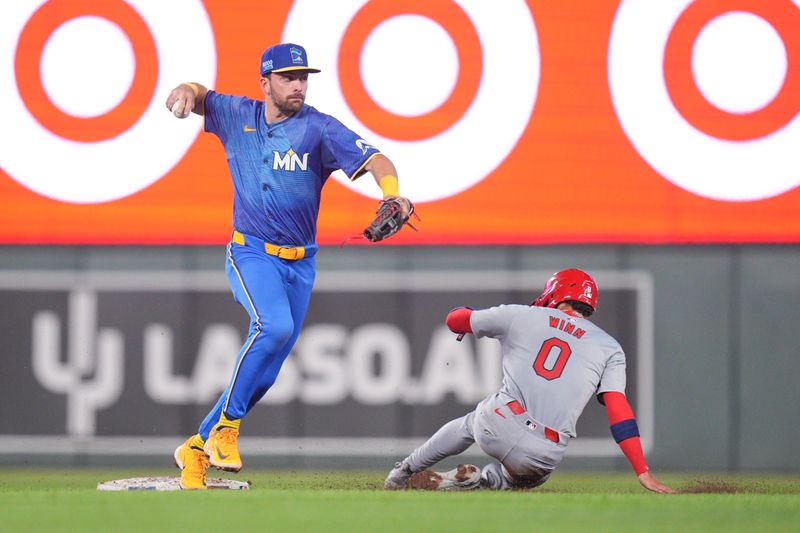 Aug 23, 2024; Minneapolis, Minnesota, USA; Minnesota Twins second base Edouard Julien (47) throws to first base against the St. Louis Cardinals shortstop Masyn Winn (0) in the fifth inning at Target Field. Mandatory Credit: Brad Rempel-USA TODAY Sports