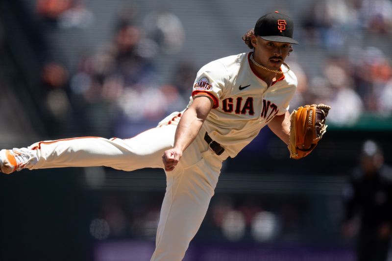 May 14, 2025; San Francisco, California, USA; San Francisco Giants starting pitcher Jordan Hicks (12) delivers a pitch against the Arizona Diamondbacks during the first inning at Oracle Park. Mandatory Credit: D. Ross Cameron-Imagn Images