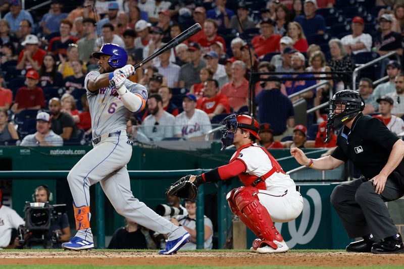 Jun 3, 2024; Washington, District of Columbia, USA; New York Mets outfielder Starling Marte (6) hits an RBI single against the Washington Nationals during the sixth inning at Nationals Park. Mandatory Credit: Geoff Burke-USA TODAY Sports