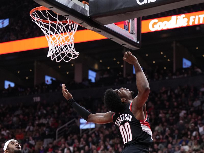 TORONTO, ON - OCTOBER 30: Scoot Henderson #00 of the Portland Trail Blazers goes the basket against the Toronto Raptors during the first half of the game at the Scotiabank Arena on October 30, 2023 in Toronto, Ontario, Canada. NOTE TO USER: User expressly acknowledges and agrees that, by downloading and/or using this Photograph, user is consenting to the terms and conditions of the Getty Images License Agreement. (Photo by Mark Blinch/Getty Images)