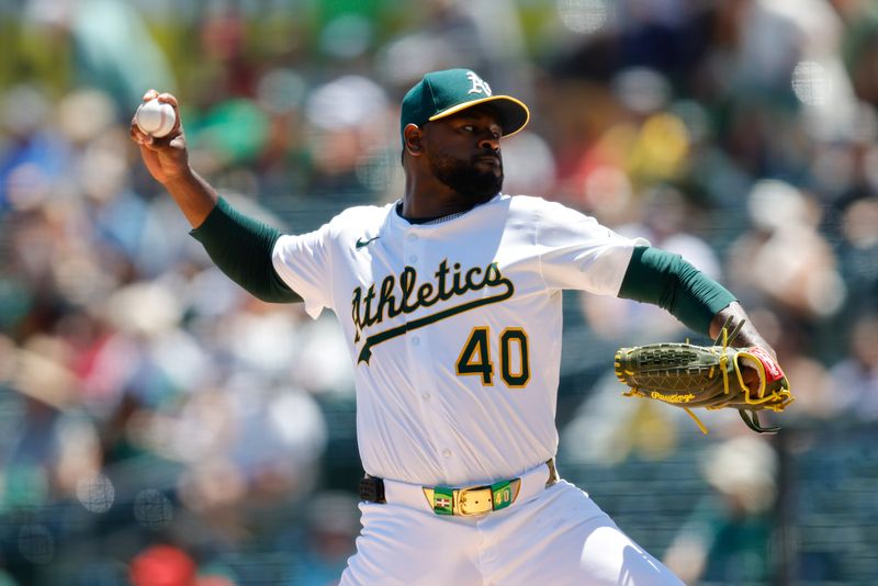 May 22, 2025; West Sacramento, California, USA; Athletics starting pitcher Luis Severino (40) throws a pitch during the first inning against the Los Angeles Angels at Sutter Health Park. Mandatory Credit: Sergio Estrada-Imagn Images