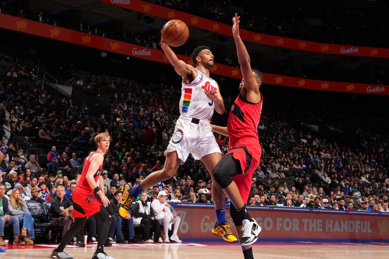 PHILADELPHIA, PA - FEBRUARY 11:  Quentin Grimes #5 of the Philadelphia 76ers drives to the basket during the game against the Toronto Raptors  on February 11, 2025 at the Wells Fargo Center in Philadelphia, Pennsylvania NOTE TO USER: User expressly acknowledges and agrees that, by downloading and/or using this Photograph, user is consenting to the terms and conditions of the Getty Images License Agreement. Mandatory Copyright Notice: Copyright 2025 NBAE (Photo by Jesse D. Garrabrant/NBAE via Getty Images)